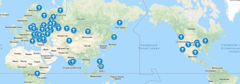 Карта Церквей Христа и мест изучения Библии