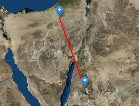 Как ворона летит из Джабаль Макла в Телль-эль-Кудейрат. Изображение получено с помощью Free Map Tools.